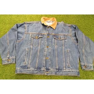 Vintage Woodlake Trucker Jacket Mens XL Blue Denim Cotton Leather Collar Outdoor